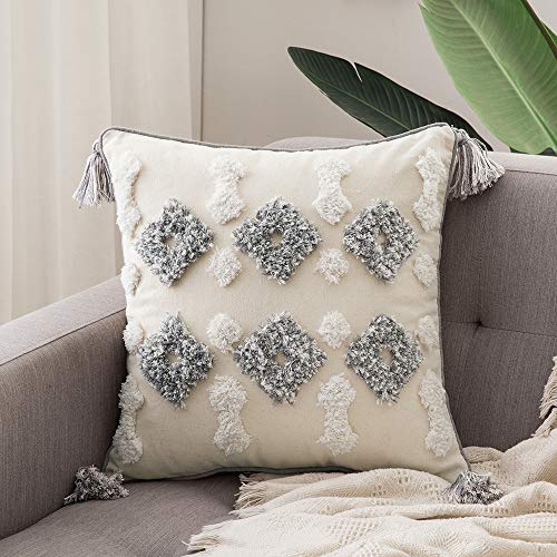 MIULEE Decorative Throw Pillow Cover Tribal Boho Woven Tufted Pillowcase with Tassels Super Soft Square Pillow Sham Cushion Case for Sofa Couch Bedroom Car Living Room 18X18 Inch Gray