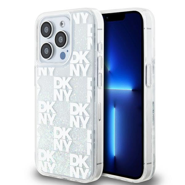 CG Mobile Coque pour iPhone 15 Pro 6,1" DKNY DKHCP15LLCPEPT Étui rigide Blanc Paillettes Liquides Multilogo