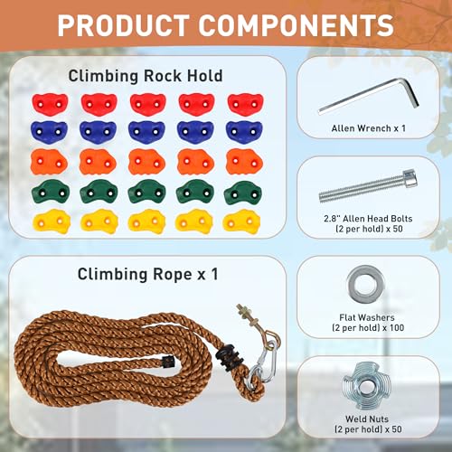 FRUITEAM 25-Piece Rock Climbing Holds, Climbing Wall for Kids, Climbing Set for Adult, Indoor Outdoor Playground