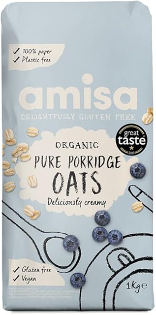 Amisa Organic Gluten Free Porridge Oats, 1kg - Batch Tested for Gluten - Source of Fibre - Sustainable 100% Recyclable Paper Packaging - For Cooking, Breakfast or Baking