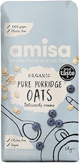 Amisa Organic Gluten Free Porridge Oats, 1kg - Batch Tested for Gluten - Source of Fibre - Sustainable 100% Recyclable Paper Packaging - For Cooking, Breakfast or Baking