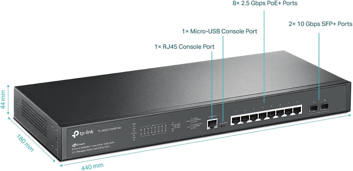Detaillierte view of the TP-Link TL-SG3210XHP-M2 switch with dimensions and port labels
