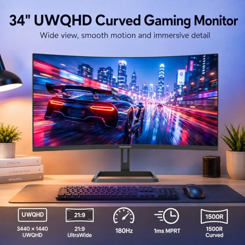 Image of Deco Gear 34 Inch Curved Gaming Monitor, 180Hz UWQHD 3440x1440 21:9 VA Display, 1ms MPRT, Adaptive Sync, 1500R, HDR Ready, 100% sRGB, Dual HDMI, DisplayPort 1.4, VESA Mount, Office & Workspace Setup