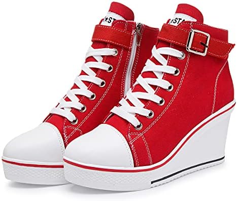 Mei MACLEOD Wedge Heel Sneaker for Women High Heel Sneaker Side Zipper/Lace Up Canvas Shoes for Ladies College Students