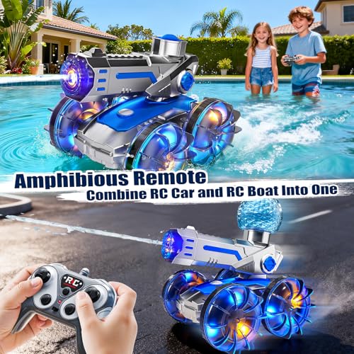 Image of Amphibious RC Stunt Car with Water Gun Lights Waterproof Pool Toy for Kids | 2 in 1 amphibious remote control stunt car, runs smoothly on land & water, works as waterproof rc boat for pool & beach play