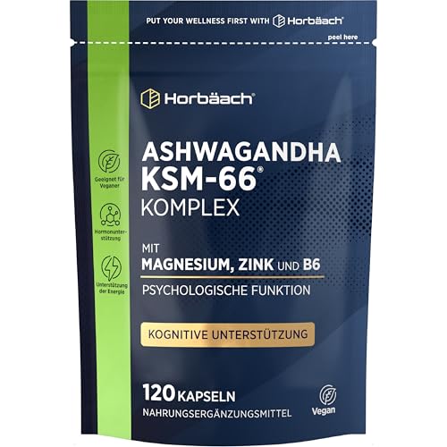 Ashwagandha Magnesium Zink Kapseln Komplex mit Vitamin B6 | 1000mg KSM-66 Ashwagandha Extrakt | Hochdosiert | 120 Vegan Stk | Horbaach