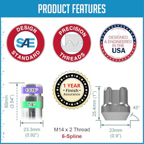 Image of Wheel Accessories Parts 32 PCS M14x2 14x2 Thread Open End 25mm 1.00 inch Long Spline Lug Nuts Chrome Truck Spline Hex Fits Ford Excursion F250 F350 Super Duty