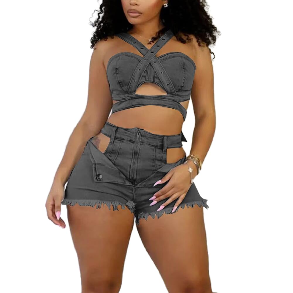 Molilove Tenue 2 pièces en jean sexy sans manches avec haut caraco ajouré en jean et short d'été Y2K