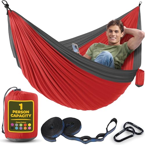 Image of Durable Hammock 400 lb Capacity, Nylon Camping Hammock Chair - Double or Single Sizes w /Tree Straps and Attached Carry Bag - Portable for Travel /Backpacking /Beach /Backyard (Medium, Red & Dark Grey)