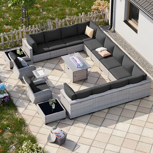 Image of 18-Piece Patio Furniture Set, Outdoor Patio Furniture with 55,000 BTU Fire Pit Table, Swivel Chairs Set, Thick Cushions, Modular Patio Sofa, Dual-Strand Wicker Rattan, Rust-Resistant Frame,Black