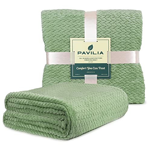 Pavilia Soft Flannel Fleece Blanket Throw Twin Light Sage Green, Textured Decorative Velvet Blanket Couch Sofa Bed, Fuzzy Plush Cozy Warm Lightweight Microfiber, Jacquard Weave Leaf Pattern 60X80 #TOP6