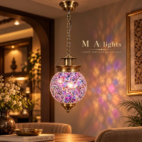 Image of MA Lights Mosaic Glass Globe Pendant Light, Purple & Blue
