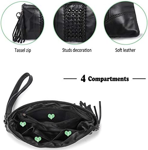 LaRechor Soft Leather Small Cross Body Bag Shoulder Bag for Women Tassel Rivets Ladies Handbags with Shoulder & Wrist Strap Wristlet Clutch Travel Evening Party Wedding Black