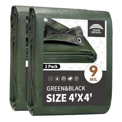 RAINDEWAY Tarps 4x4 Feet(2 Pack),Small Tarp Waterproof,9Mil Thick Finished Size, Multipurpose Poly Tarp Cover with Metal Grommets and Reinforced Edges,Green/Black Tarpaulin