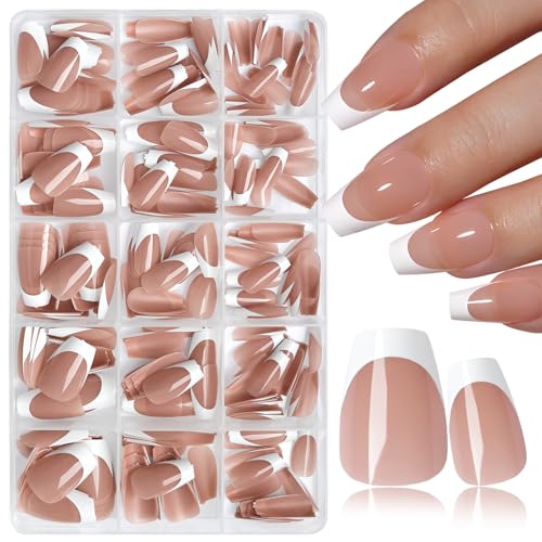 French Tip Press on Nails Short Fake Nail Brown Coffin Glue Nail Press ons