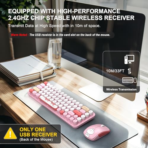 Image of FOPETT Wireless Keyboard and Mouse Cute Mouse and Keyboard 2.4G Wireless Keyboards with Colorful 68 Keys Typewriter Retro Round Keycap for PC, Laptop,Tablet,Computer Windows - Pink Colorful