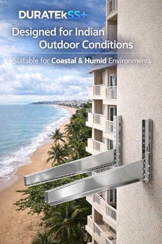 Image of SS204 Heavy Duty Stainless Steel AC Stand Wall Mount Bracket for 2-5 Ton | 2 mm Thick | 24-Inch Support Arms | Complete SS Fastener Kit
