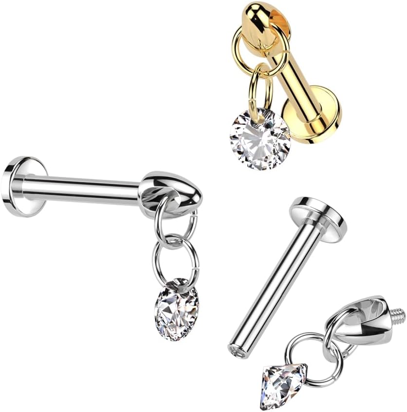 16GA Implant Grade Titanium Internally Threaded Labret With CZ Dangle Top Choose Lengths 6MM or 8MM