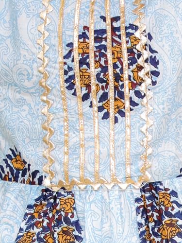 Image of superminis Cotton Blend Baby Girl's Jaipuri Print Frock Style Kurti With Frill Sleeves And Dhoti Style Salwar With Elastic Closure Ethnic Dress Clothing Set
