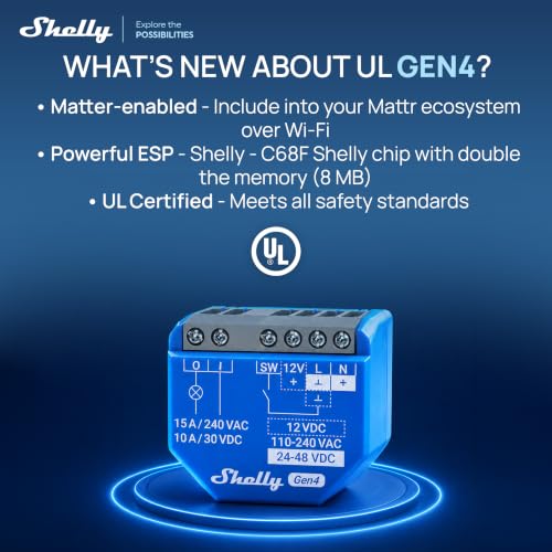Image of Shelly 1 Gen4 UL, Smart Relay Switch, Wi-Fi, Zigbee, Matter, Dry Contact | Home Automation, Compatible with Alexa, SmartThings, Google Home, Home Assistant, Apple HomeKit, Garage Door Opener