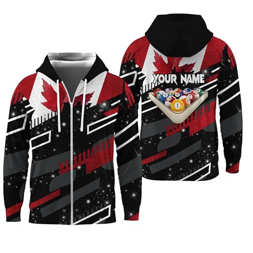 Pool Game Full Zip Hoody with Name Canada Billiard Rack And Star Theme Zipper Hoodie Billiard Hooded Shirt Multicolor