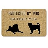 Qnhij Black Pug Gifts Welcome Mats for Front Door, Funny Dog Door Mat, Protected by Pug Funny Doormat for Porch Outside Inside Outdoor Indoor Entrance, Dog Bath Rug, 17x30 Inches