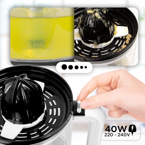 Duronic Electric Juicer Machine JE416 - Citrus Squeezer for Fresh Hand-Pressed Orange Juice - Healthy Fruit Extractor for Cold Pressing Oranges, Lemons, Limes & Grapefruits with 2 Cones & Pulp Filter - Image 3