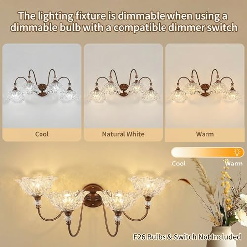 Image of Antique Red Bronze Finish Bathroom Vanity Light, 4-Light Vintage Vanity Light with Floral Clear Glass Shades, Retro Wall Mount Lighting for Bathroom, Dressing Table