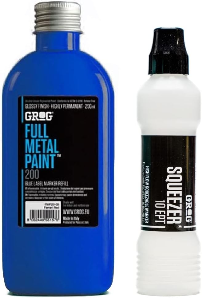 Graff-City Grog Full Metal Paint & Squeezer 10 EPT - 10mm Mop Marker & Gloss Permanent Paint Refill 200ml (Death Black)