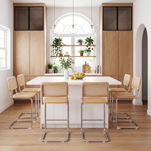 Image of Flouki Counter Stool Rattan Set of 2, Rattan Counter Height Stools with Wood Back, 24 Inch Modern Bar Stools, Mid Century Cantilever Counter Chairs for Kitchen Island, Chrome Legs