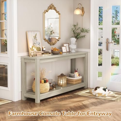 Besiost 47\" Farmhouse Wood Entryway Table Narrow Console Table with Storage Behind Couch Sofa Table with Shelves Entry Way Table with Open Storage, Easy Assembly, Classical Washed Oak