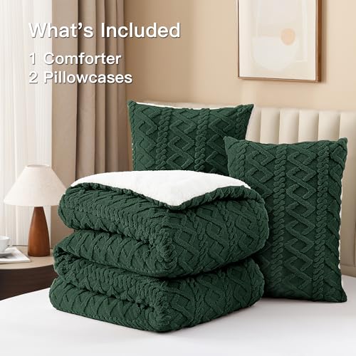 Image of Andency Fluffy Sherpa King Comforter Set, Dark Green Fleece Soft Bedding