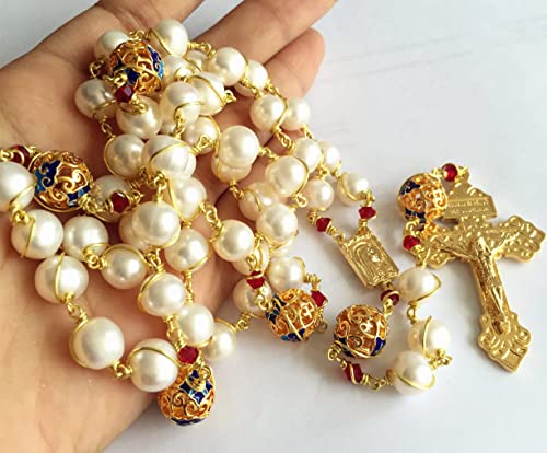 elegantmedical HANDMADE plated gold Wire Wraped Bead AAA White 10mm Pearl Rosary Cross NECKLACE BOX4