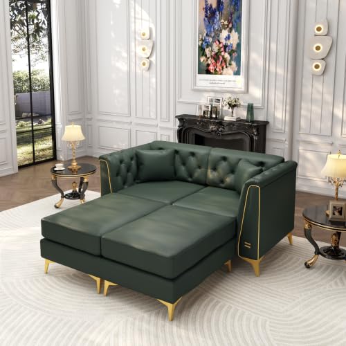 Image of KEIKI 62 inch Faux Leather Chesterfield Sofa with Handmade Button Tufted, Green