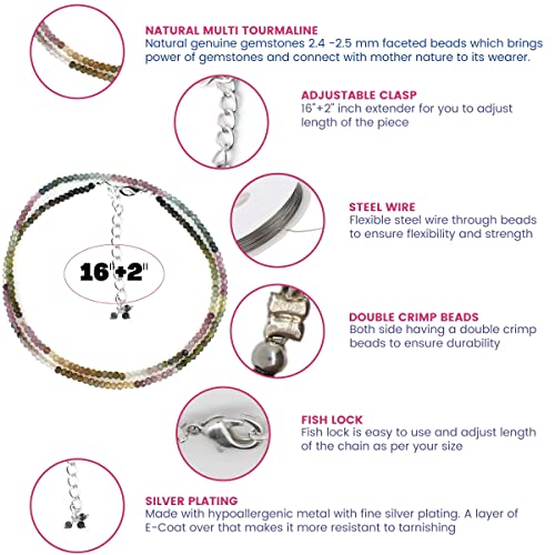 Gempires Natural Watermelon Tourmaline Beads Necklace, Energy Healing Crystals, Silver Plated Chain, Birthday, Gift For Her, Gemstone Jewelry 18 Inch Aa+ Quality (Multi Tourmaline) #TOP6