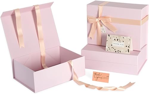 Cajas de regalo rosas con tapas, paquete de 3, caja de regalo mediana de 11 x 8 x 4 pulgadas con cinta, cajas de regalo plegables con cierre
