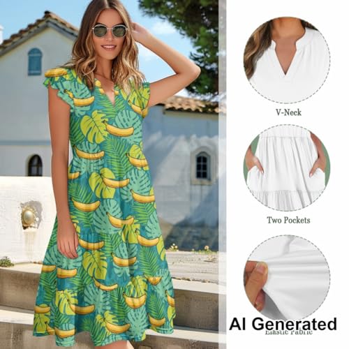 Image of Women's Casual Ruffle Sleeve Dress V Neck Pullover Dress Flowy A-Line Pleated Lightweight Dress with Pockets