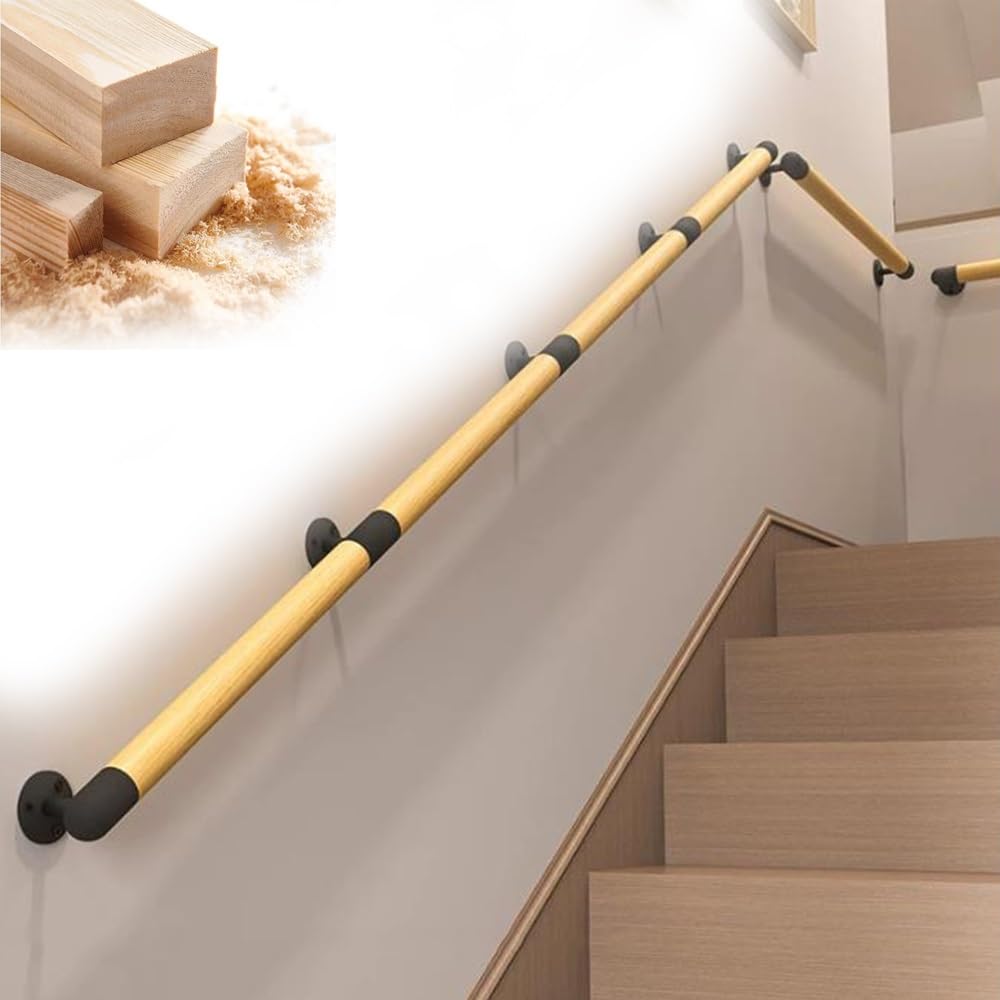 Main courante d'escalier en bois 500cm de long avec support mural