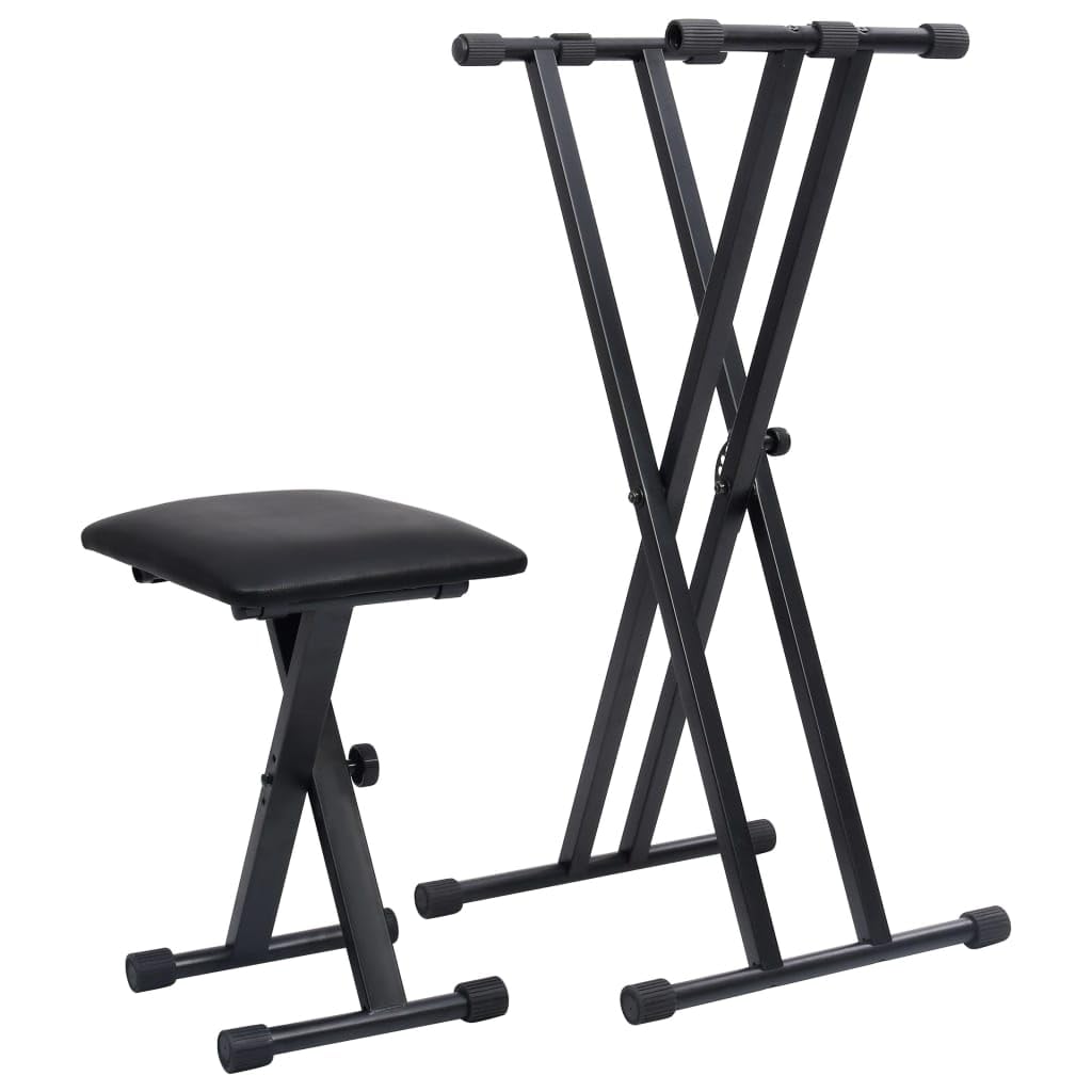 Doppelstrebiger Keyboard-Ständer und Hocker Set Schwarz Höhenverstellbar Gepolstert Stabil Für Musiker Klavier Gitarre Schlagzeug Studio Bühne Konzert