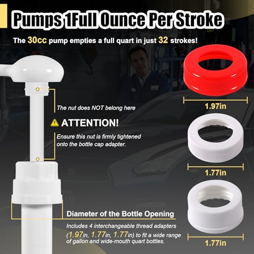 Image of Fluid Pump for Gallon Bottles, 4 Size Cap Adapters (38 /40 /43 /50mm) + Extension Tubes, Wide-Mouth Quart Compatible, Antifreeze with This 30cc Hand Pump(Not for Standard Quart)