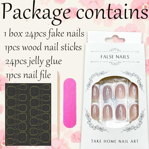 24Pcs White French Tip Press on Nails Medium Square Fake Nails with Silver Glitter Designs Full Cover Stick on Nails Nude Pink Bling Glitter Artificial Acrylic Glue on Nails False Nails for Women Girl