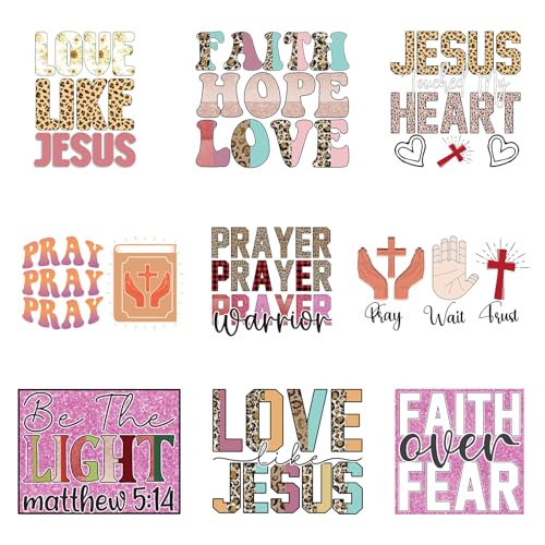 9Pcs Love Jesus Iron on Decals for Clothing DIY Heat Transfer Vinyl Stickers for T-Shirt Jeans Pillow Cover Craft Appliques Decor