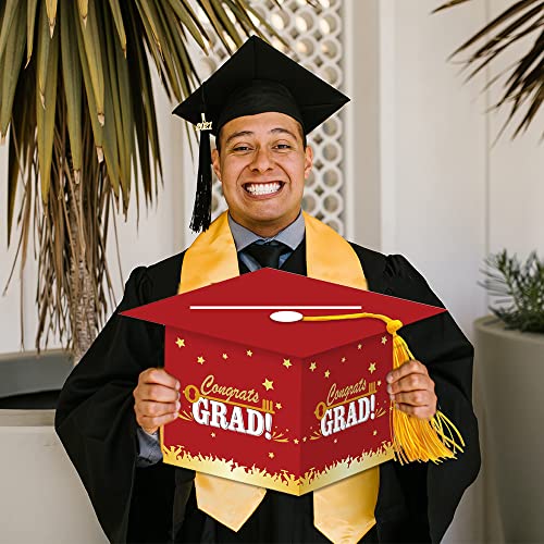 Image of 2026 Graduation Party Card Box, Red Gold Congrats Cap Card Holder Box with Tassel for 2026 Graduation Party Decoration