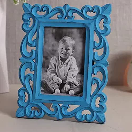 Image of Wooden Hand Carved Rectangular Photo Frame for Wall Mounted and Tabletops Display - 5x7 Inches Picture Frame - Wood Carving Decorative Home Decor Accessories Distressed Finish (Blue)