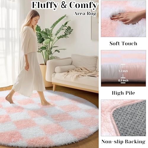 Image of KICMOR Pink Round Rug 4ft for Girls Bedroom, Fluffy Soft Circle Area Rug Cute Small Living Room Carpet, Indoor Fuzzy Shag Shaggy Checkered Circular Rugs for Kids Room Nursery Home Decor Aesthetic