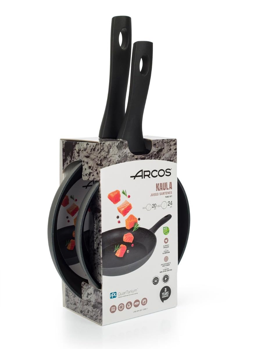 Arcos Serie Kaula | Lote de Sartenes 20 y 24 cm | Aluminio Forjado | Recubrimiento QuanTanium | Apta cualquier cocina | Mango Efecto Frio | Sistema ahorro energético | Apta lavavajillas | Color Negro | Recubrimiento QuanTanium, apta para cualquier cocina.