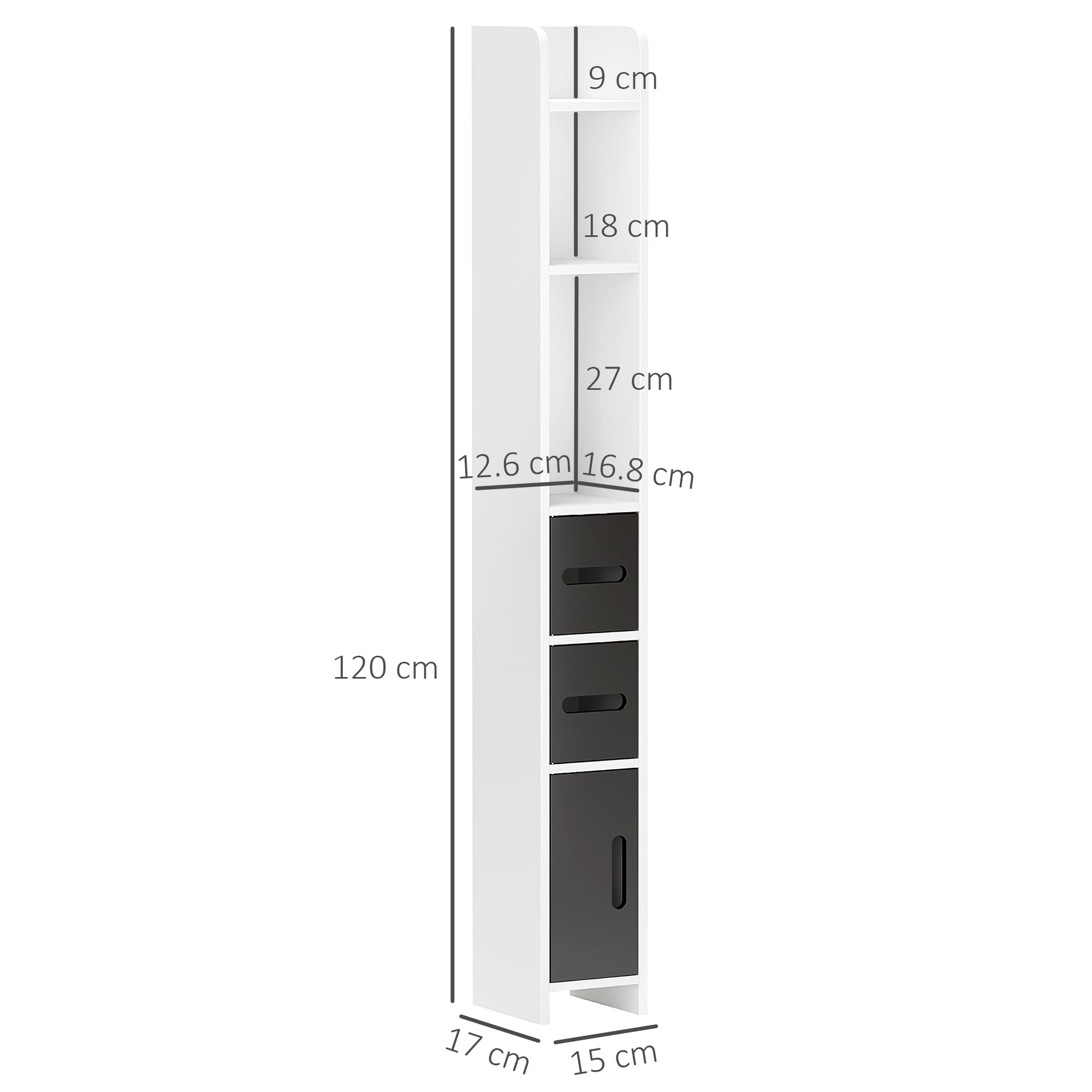 kleankin Mobiletto Bagno Salvaspazio a Colonna con 3 Mensole e 3 Armadietti, Colonna Bagno in Legno per Salotto, Soggiorno, Cucina, 15x17x120 cm, Bianco e Nero