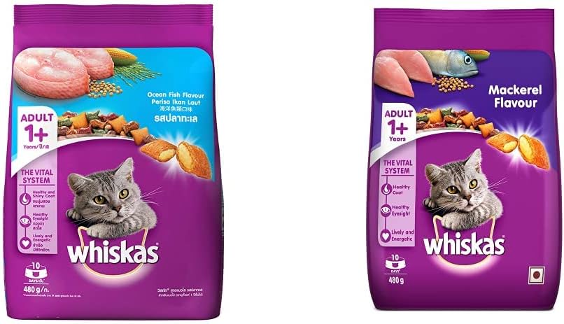 Whiskas Adult (+1 Year) Dry Cat Food, Ocean Fish Flavour, 480g Pack & Adult (+1 Year) Dry Cat Food, Mackerel Flavour, 480g Pack
