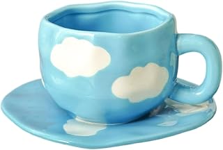 Sky and White Clouds kaffemugg med fat, Keramiskt moln i himlen Cup, Creative Clouds Sky Set, mugg och fat set, present till kvinnor flickor mamma vän(Blue)