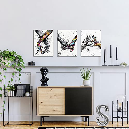 Vanseeing 3 Piece Graffiti Paintings Canvas Wall Art Promise Holding Hands Pop Art Posters Prints Abstract Painting Bedroom Wall Decor Modern Giclee Artwork Framed Ready To Hang 12X16Inchx3Pcs #TOP1